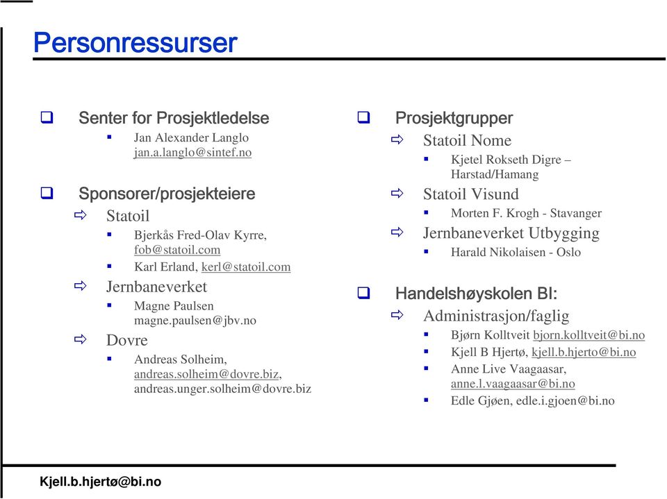 biz, andreas.unger.solheim@dovre.biz Prosjektgrupper Statoil Nome Kjetel Rokseth Digre Harstad/Hamang Statoil Visund Morten F.