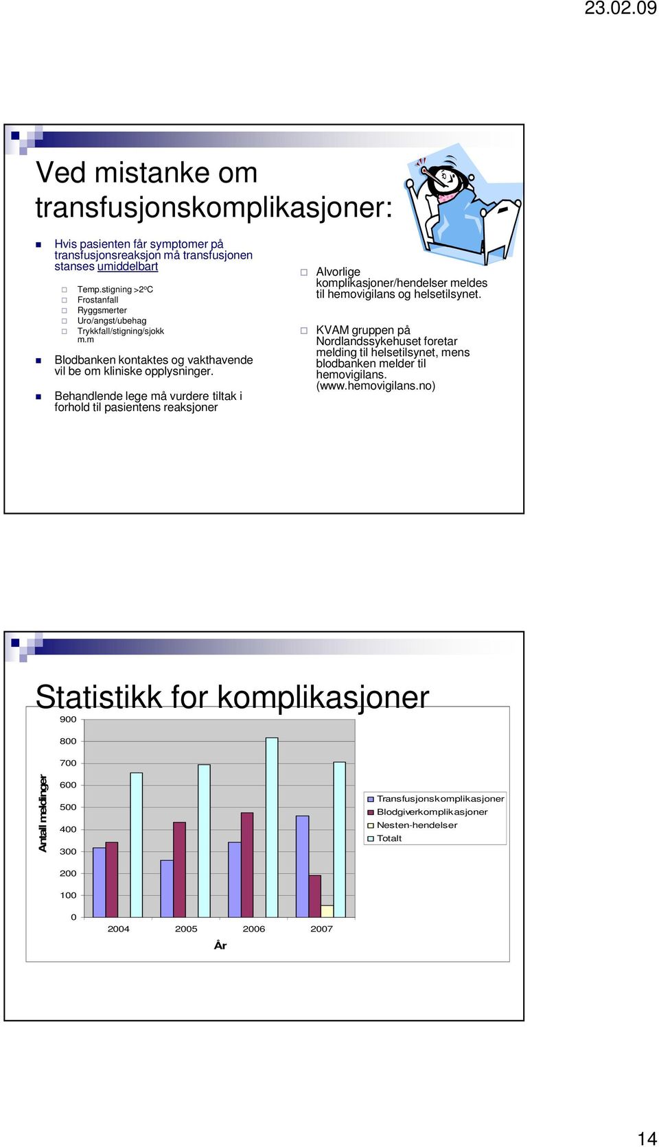 Behandlende lege må vurdere tiltak i forhold til pasientens reaksjoner Alvorlige komplikasjoner/hendelser meldes til hemovigilans og helsetilsynet.