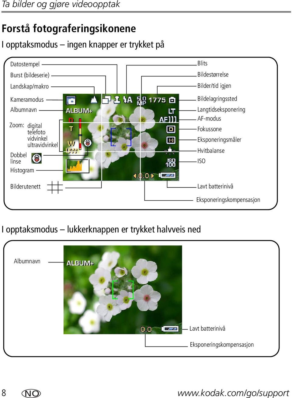 Bildestørrelse Bilder/tid igjen Bildelagringssted Langtidseksponering AF-modus Fokussone Eksponeringsmåler Hvitbalanse ISO Lavt batterinivå