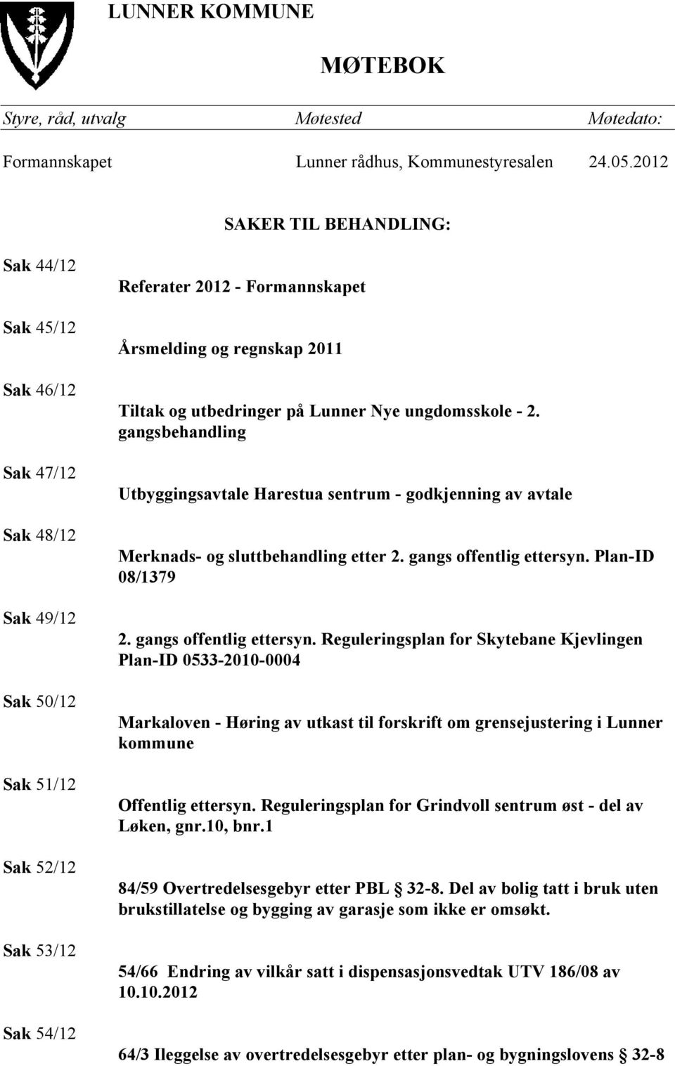 Tiltak og utbedringer på Lunner Nye ungdomsskole - 2. gangsbehandling Utbyggingsavtale Harestua sentrum - godkjenning av avtale Merknads- og sluttbehandling etter 2. gangs offentlig ettersyn.