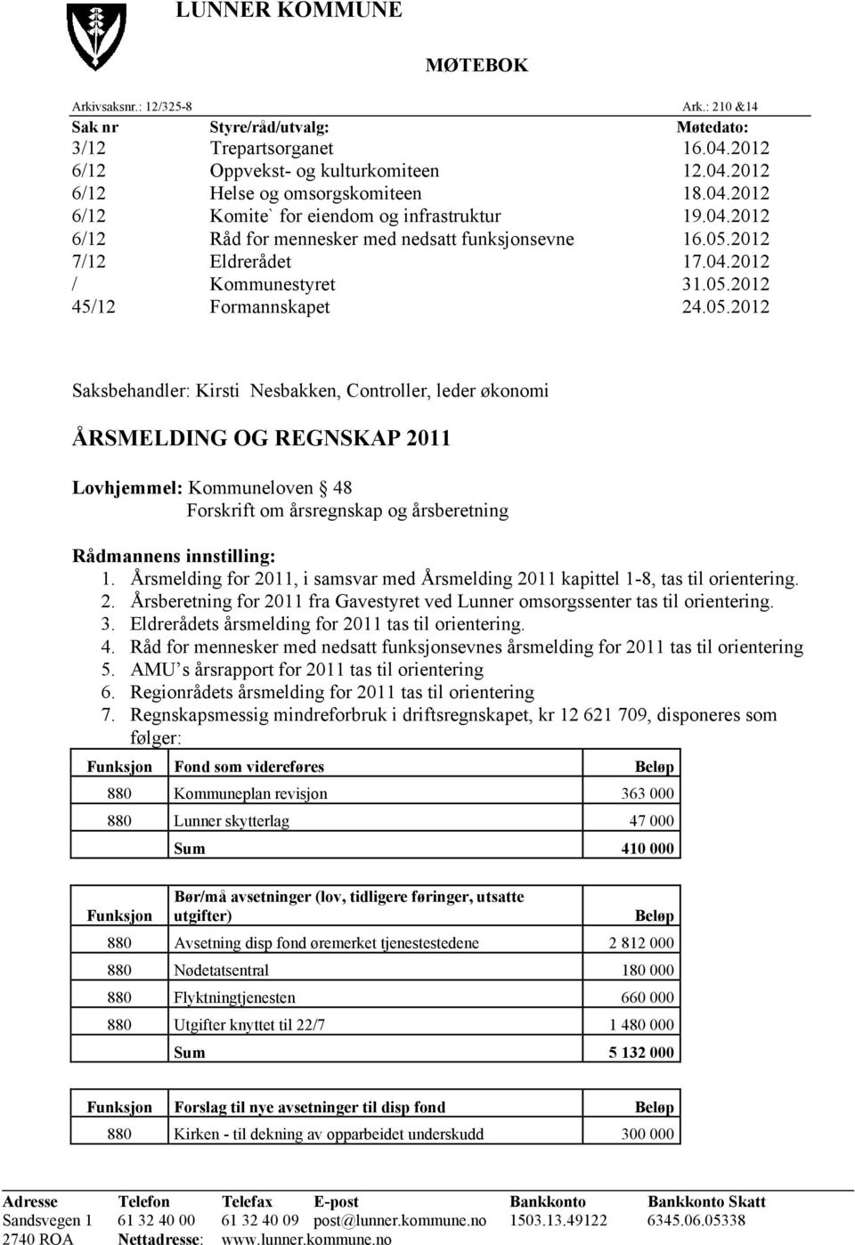 05.2012 Saksbehandler: Kirsti Nesbakken, Controller, leder økonomi ÅRSMELDING OG REGNSKAP 2011 Lovhjemmel: Kommuneloven 48 Forskrift om årsregnskap og årsberetning Rådmannens innstilling: 1.