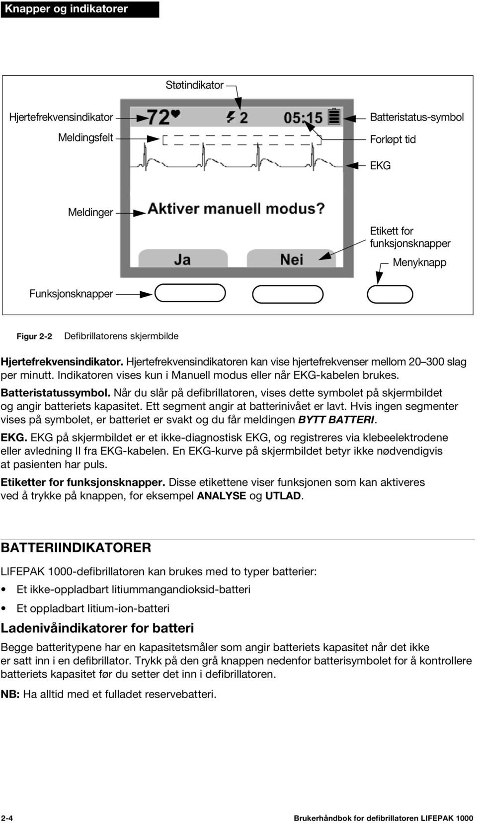 Indikatoren vises kun i Manuell modus eller når EKG-kabelen brukes. Batteristatussymbol. Når du slår på defibrillatoren, vises dette symbolet på skjermbildet og angir batteriets kapasitet.