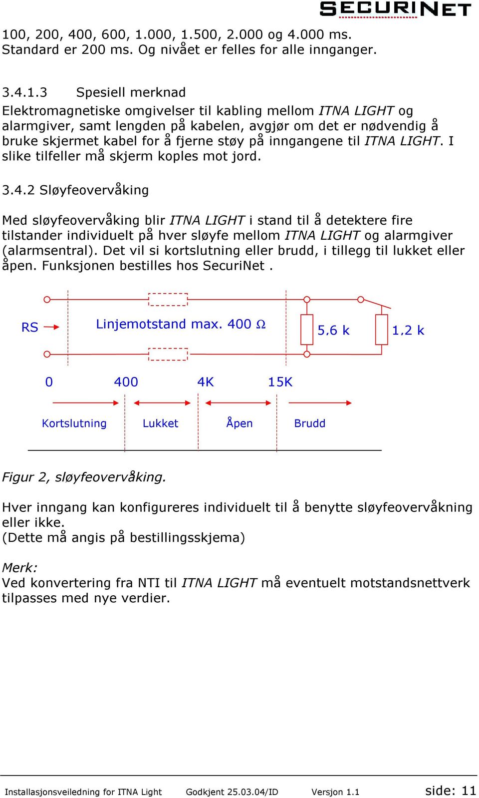 2 Sløyfeovervåking Med sløyfeovervåking blir ITNA LIGHT i stand til å detektere fire tilstander individuelt på hver sløyfe mellom ITNA LIGHT og alarmgiver (alarmsentral).