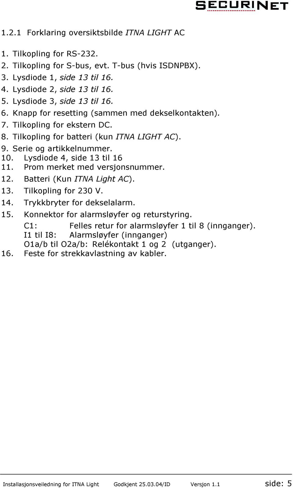 Lysdiode 4, side 13 til 16 11. Prom merket med versjonsnummer. 12. Batteri (Kun ITNA Light AC). 13. Tilkopling for 230 V. 14. Trykkbryter for dekselalarm. 15.