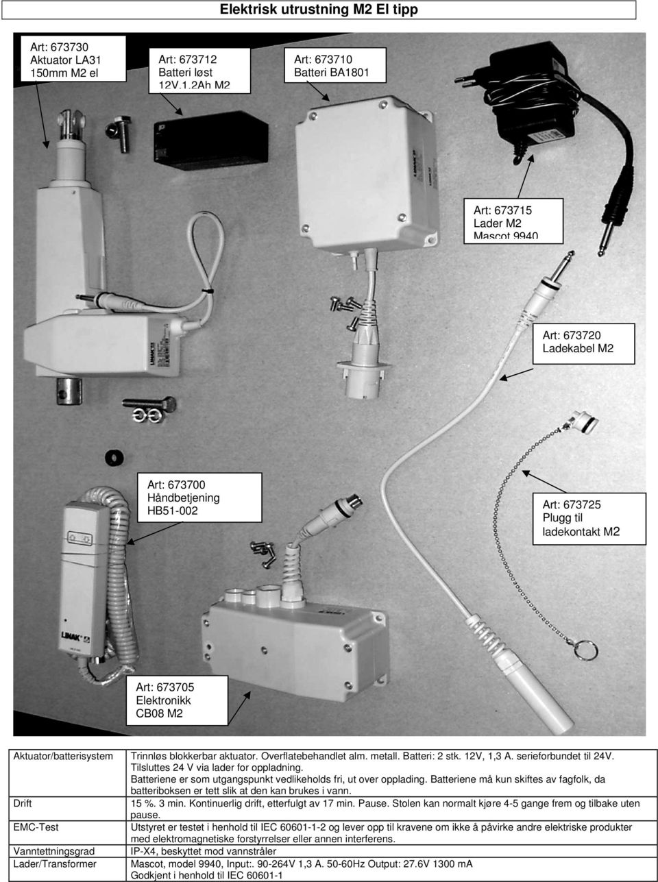 12V, 1,3 A. serieforbundet til 24V. Tilsluttes 24 V via lader for oppladning. Batteriene er som utgangspunkt vedlikeholds fri, ut over opplading.