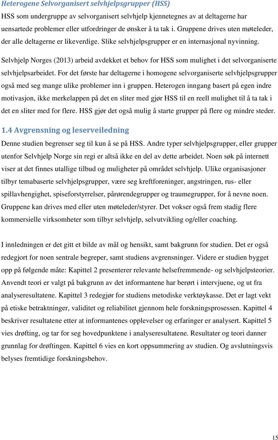 Selvhjelp Norges (2013) arbeid avdekket et behov for HSS som mulighet i det selvorganiserte selvhjelpsarbeidet.