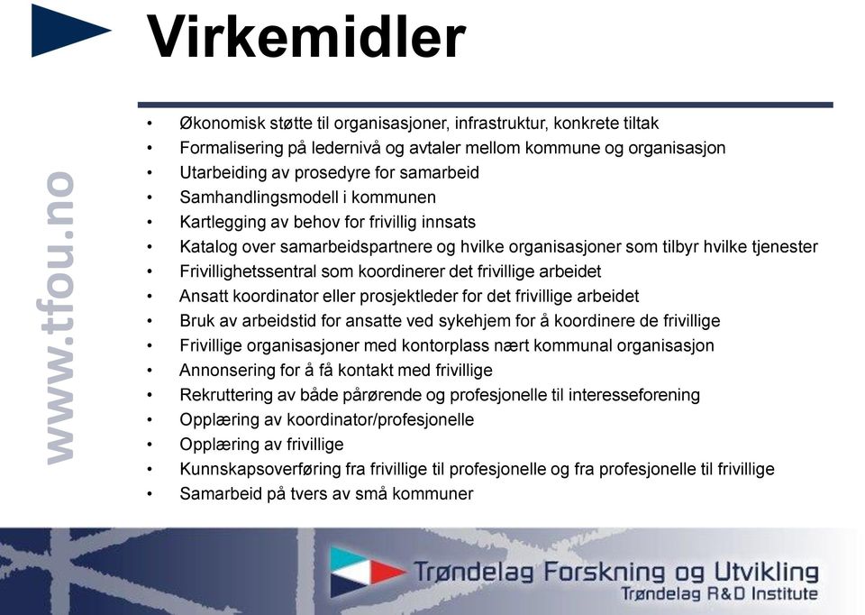 frivillige arbeidet Ansatt koordinator eller prosjektleder for det frivillige arbeidet Bruk av arbeidstid for ansatte ved sykehjem for å koordinere de frivillige Frivillige organisasjoner med