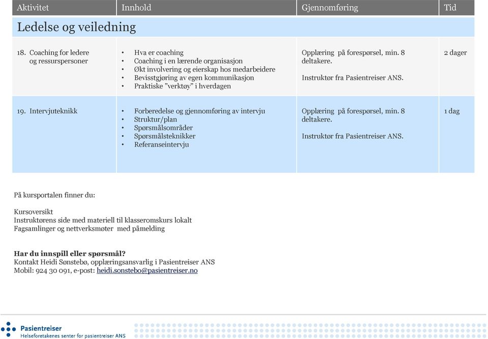 hverdagen Opplæring på forespørsel, min. 8 deltakere. Instruktør fra Pasientreiser ANS. 2 dager 19.