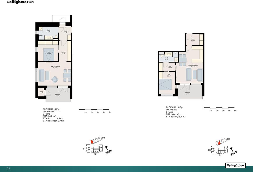 Leil. -301 2-Roms BRA: 54,2 m2 BTA : 1,5m2 BTA er: 9,7m2 BLOKK, 3.Etg.