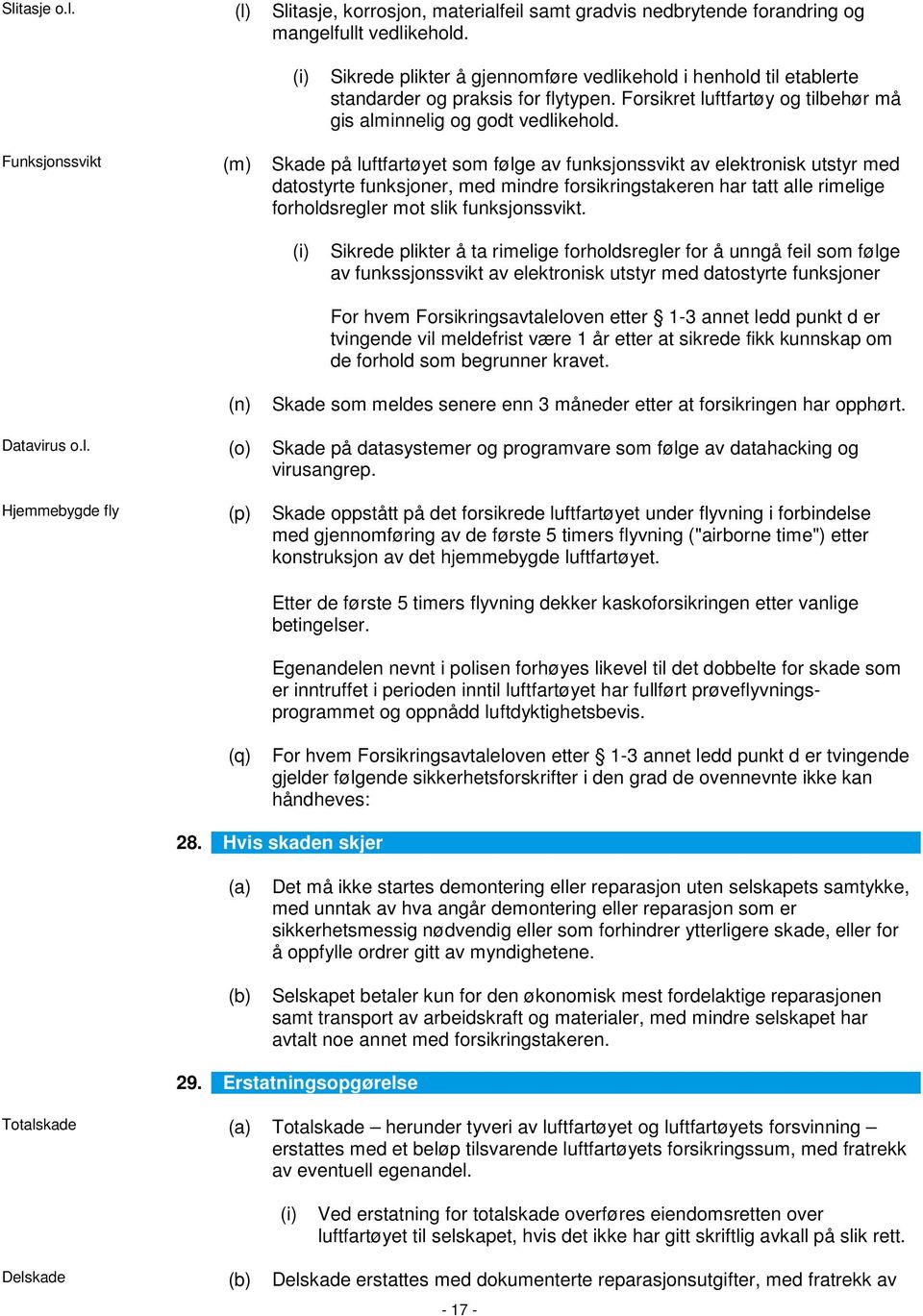 Funksjonssvikt (m) Skade på luftfartøyet som følge av funksjonssvikt av elektronisk utstyr med datostyrte funksjoner, med mindre forsikringstakeren har tatt alle rimelige forholdsregler mot slik