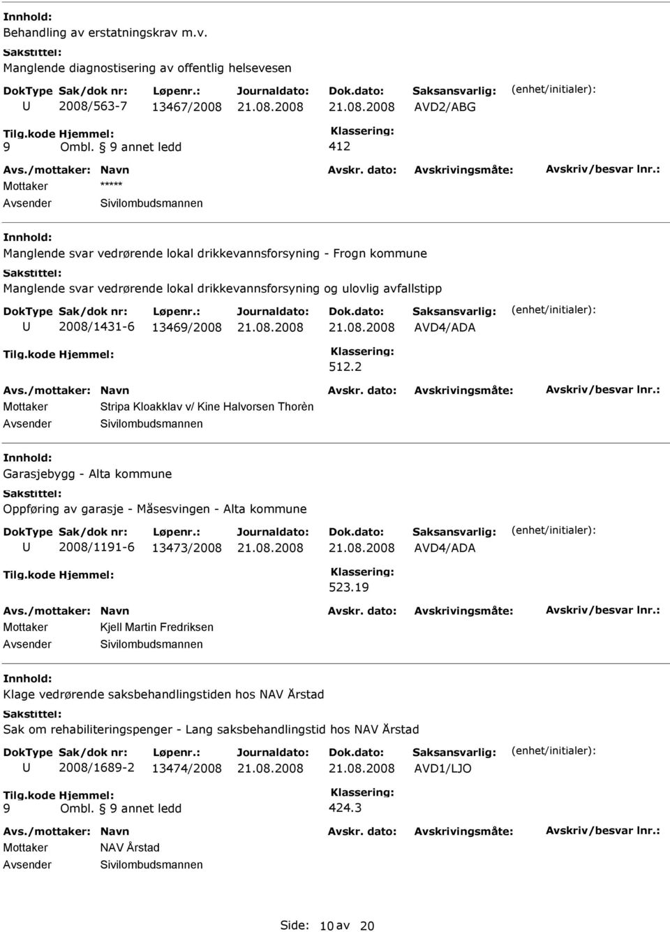 AVD4/ADA 512.2 Mottaker Stripa Kloakklav v/ Kine Halvorsen Thorèn Garasjebygg - Alta kommune Oppføring av garasje - Måsesvingen - Alta kommune 2008/111-6 13473/2008 AVD4/ADA 523.