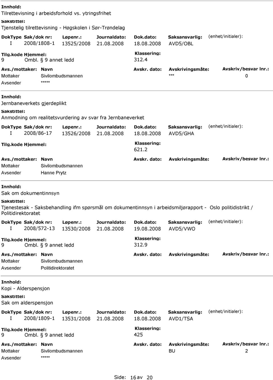 2 Avsender Hanne Prytz Sak om dokumentinnsyn Tjenestesak - Saksbehandling ifm spørsmål om dokumentinnsyn i arbeidsmiljørapport - Oslo politidistrikt / Politidirektoratet 2008/572-13