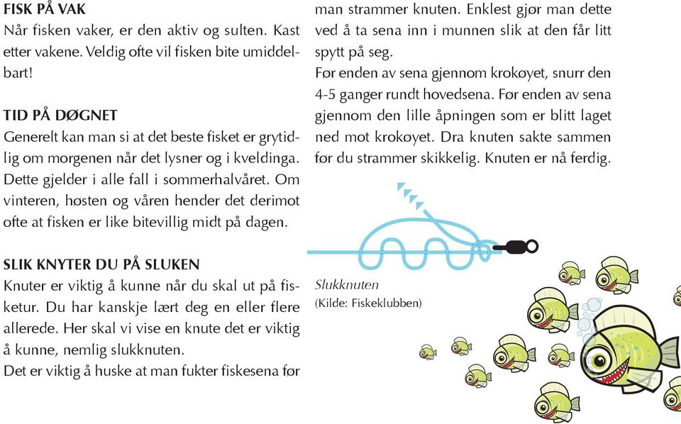 Om vinteren, høsten og våren hender det derimot ofte at fisken er like bitevillig midt på dagen. man strammer knuten.