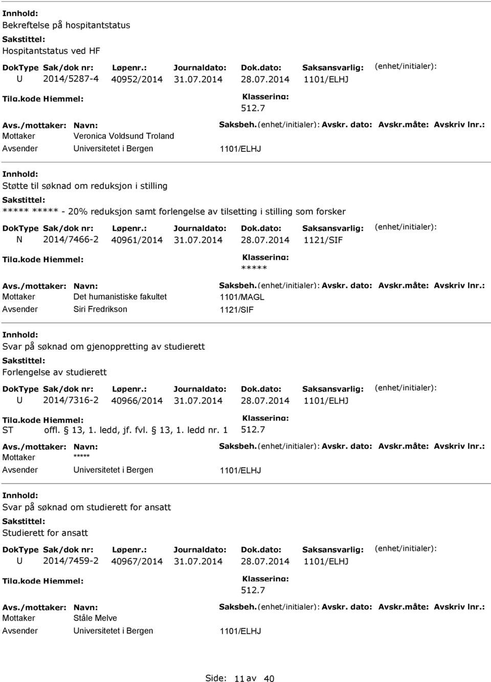 07.2014 1121/SF Avs./mottaker: Navn: Saksbeh. Avskr. dato: Avskr.måte: Avskriv lnr.