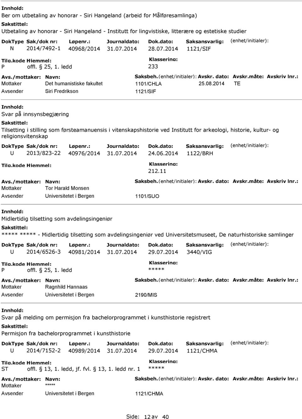 2014 TE Siri Fredrikson 1121/SF Svar på innsynsbegjæring Tilsetting i stilling som førsteamanuensis i vitenskapshistorie ved nstitutt for arkeologi, historie, kultur- og religionsvitenskap