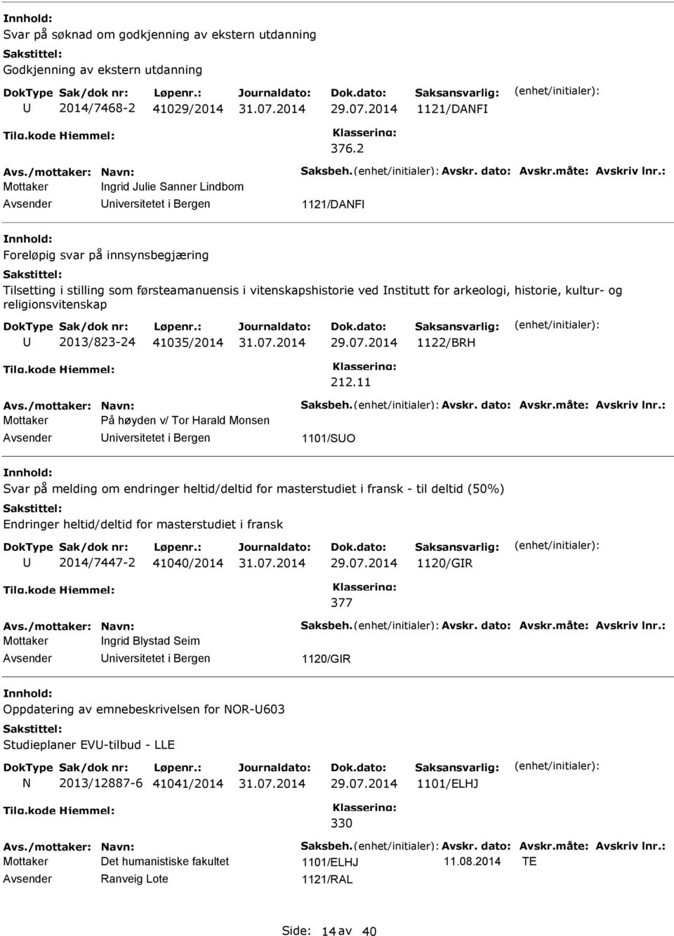 historie, kultur- og religionsvitenskap 2013/823-24 41035/2014 1122/BRH 212.11 Avs./mottaker: Navn: Saksbeh. Avskr. dato: Avskr.måte: Avskriv lnr.