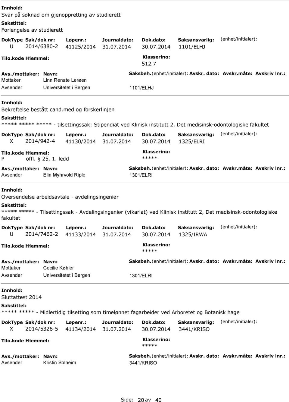 med og forskerlinjen - tilsettingssak: Stipendiat ved Klinisk institutt 2, Det medisinsk-odontologiske fakultet 2014/942-4 41130/2014 1325/ELR Avs./mottaker: Navn: Saksbeh. Avskr. dato: Avskr.