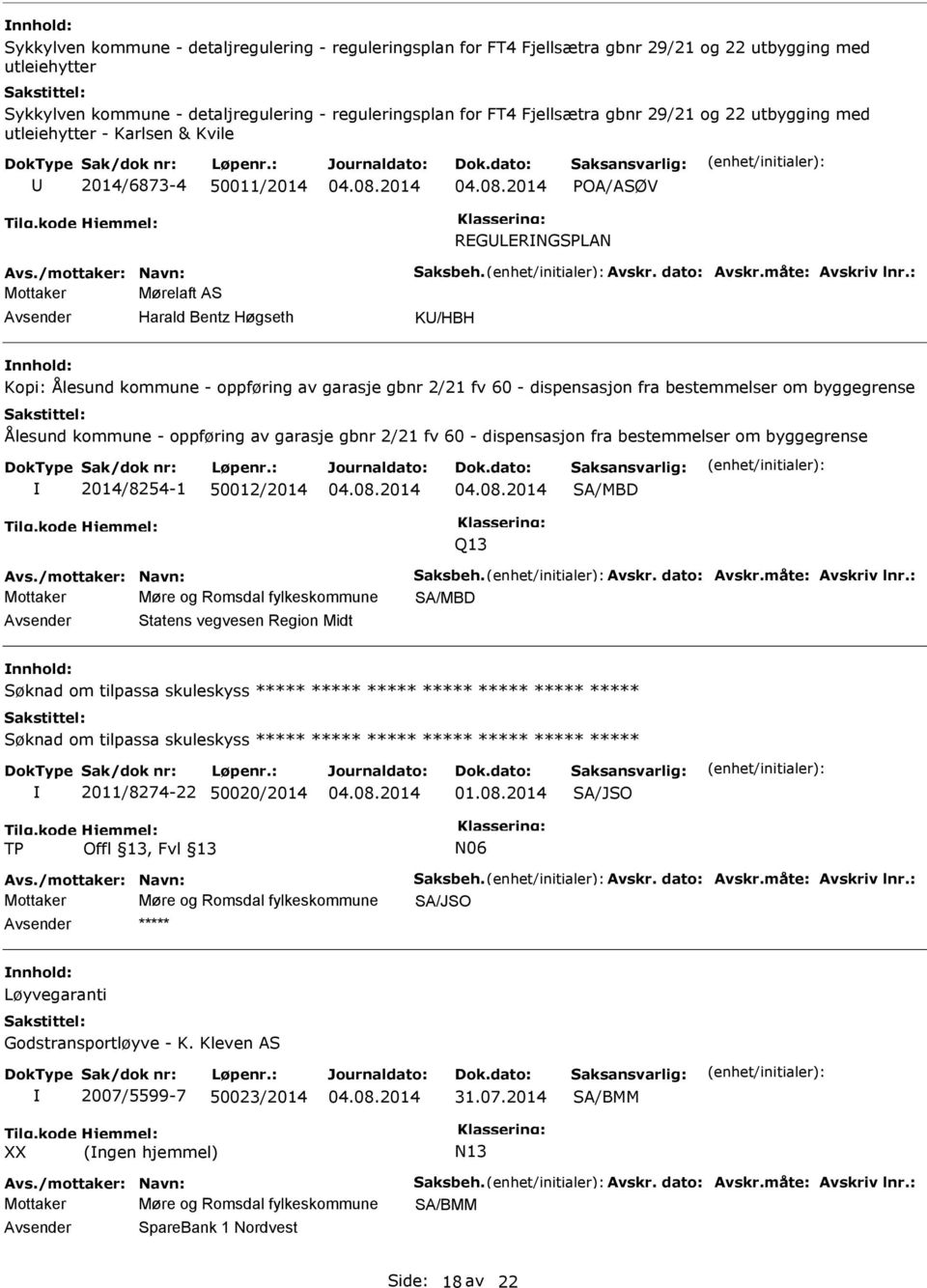 : Mottaker Mørelaft AS Harald Bentz Høgseth K/HBH Kopi: Ålesund kommune - oppføring av garasje gbnr 2/21 fv 60 - dispensasjon fra bestemmelser om byggegrense Ålesund kommune - oppføring av garasje