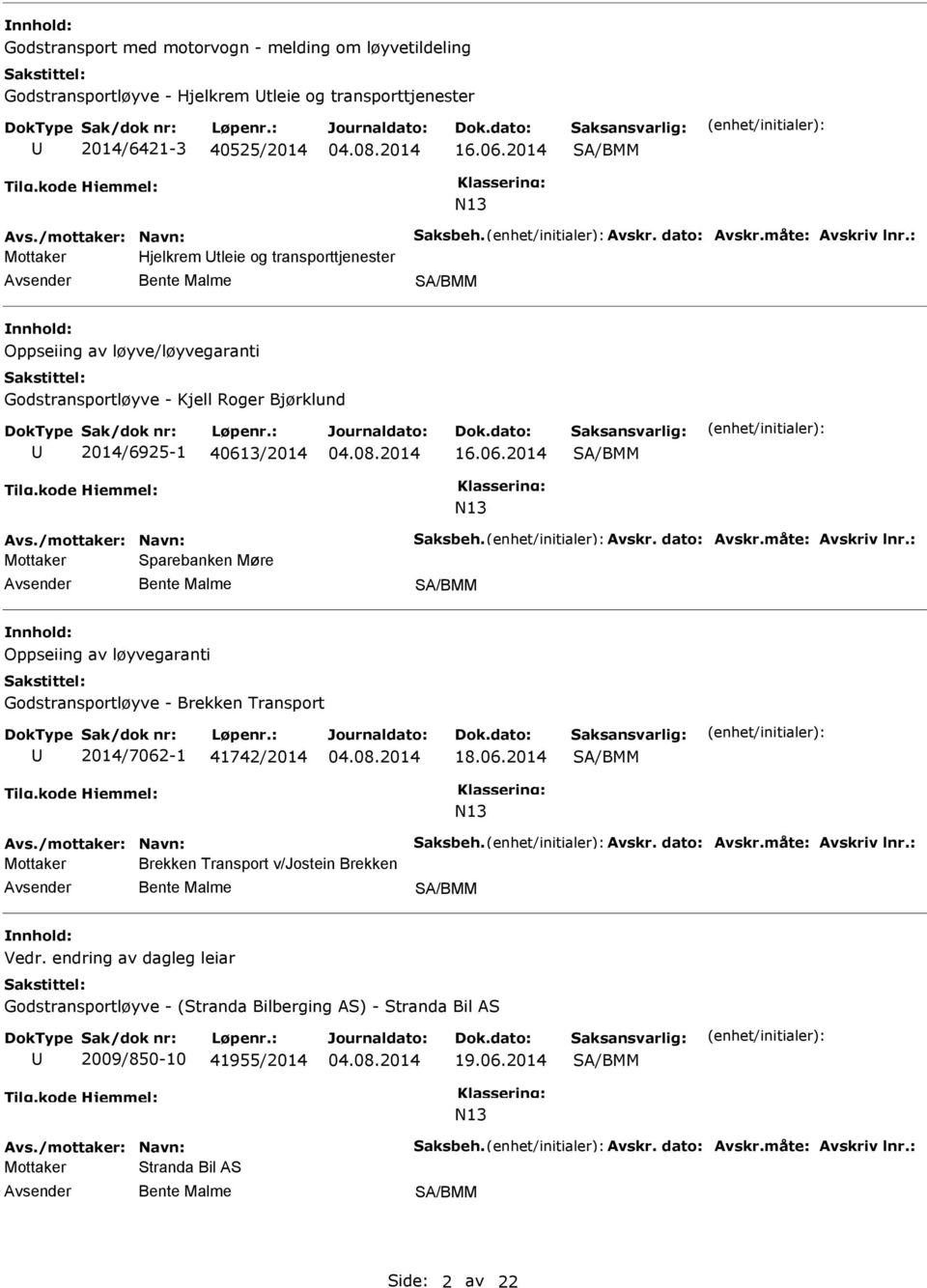 /mottaker: Navn: Saksbeh. Avskr. dato: Avskr.måte: Avskriv lnr.: Mottaker Sparebanken Møre Oppseiing av løyvegaranti Godstransportløyve - Brekken Transport 2014/7062-1 41742/2014 18.06.2014 Avs.