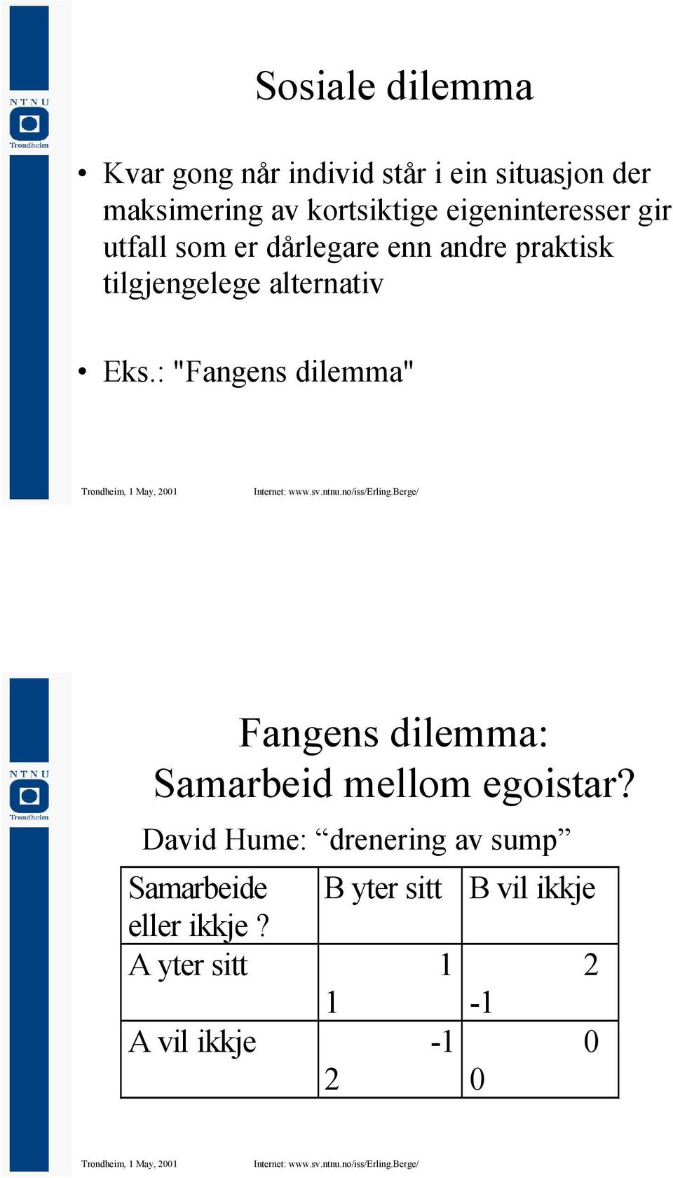 Eks.: "Fangens dilemma" Fangens dilemma: Samarbeid mellom egoistar?