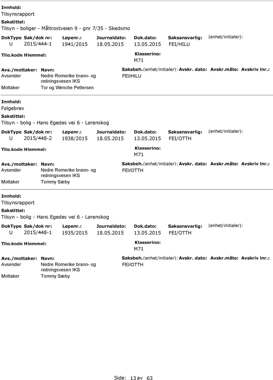 2015 FE/OTTH Avs./mottaker: Navn: Saksbeh. Avskr. dato: Avskr.måte: Avskriv lnr.