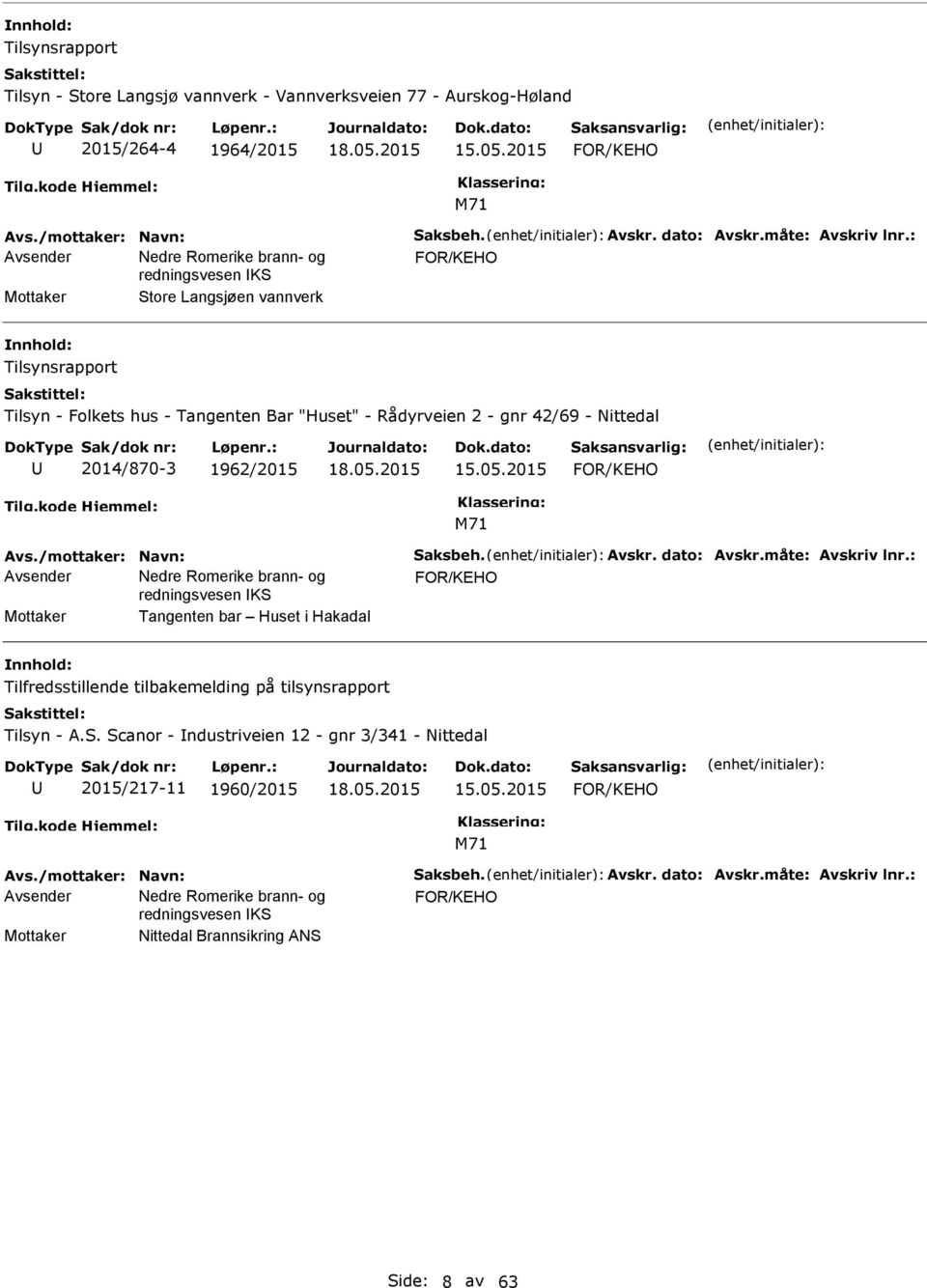 /mottaker: Navn: Saksbeh. Avskr. dato: Avskr.måte: Avskriv lnr.: FOR/KEHO Mottaker Tangenten bar Huset i Hakadal Tilfredsstillende tilbakemelding på tilsynsrapport Tilsyn - A.S. Scanor - ndustriveien 12 - gnr 3/341 - Nittedal 2015/217-11 1960/2015 15.