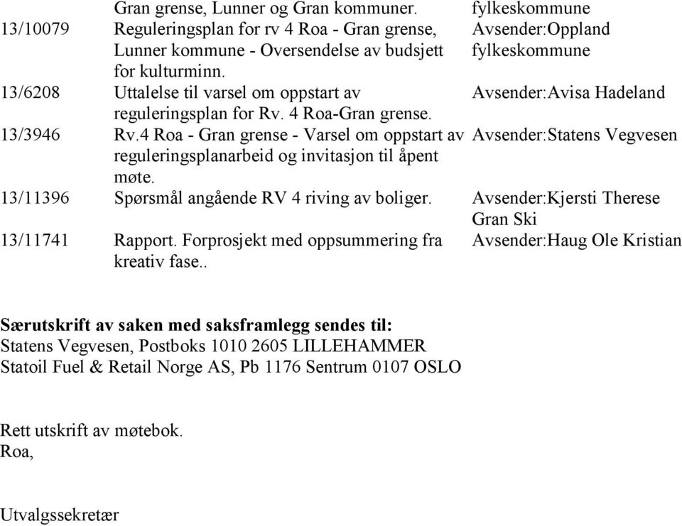 4 Roa - Gran grense - Varsel om oppstart av Avsender:Statens Vegvesen reguleringsplanarbeid og invitasjon til åpent møte. 13/11396 Spørsmål angående RV 4 riving av boliger.