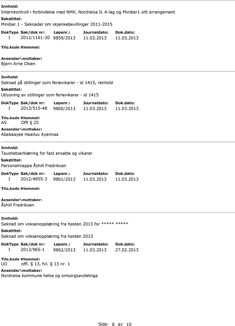 nnhold: Taushetserklæring for fast ansatte og vikarer Personalmappe Åshill Fredriksen 2012/4955-3 9861/2013 Åshill Fredriksen nnhold: Søknad om