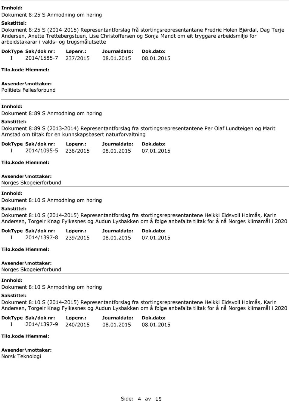 Representantforslag fra stortingsrepresentantene Per Olaf Lundteigen og Marit Arnstad om tiltak for en kunnskapsbasert naturforvaltning 2014/1095-5 238/2015 Norges Skogeierforbund Dokument 8:10 S