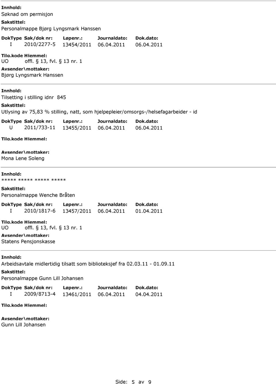 ***** ***** ***** ***** Personalmappe Wenche Bråten O 2010/1817-6 13457/2011 Statens Pensjonskasse 01.04.