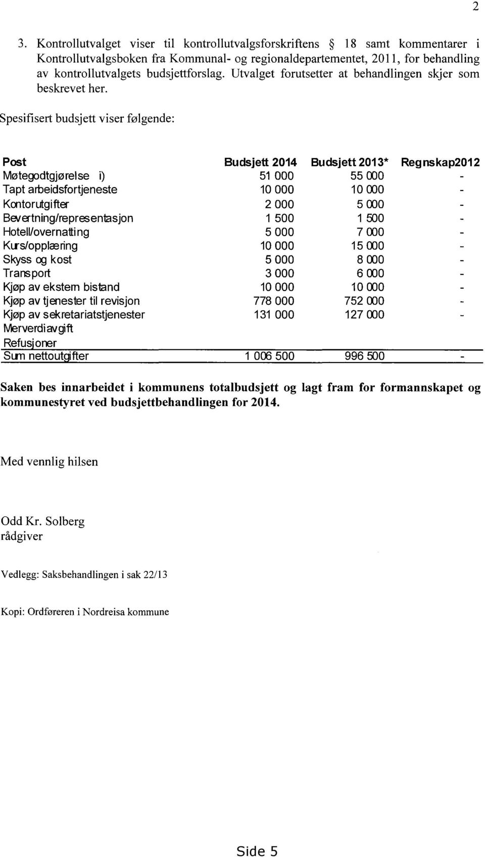 Spesifisert budsjett viser følgende: Post Budsjett 2014 Budsjett 2013*Regnskap2012 Møtegodtgjørelsei) 51 000 55 000 Tapt arbeidsfortjeneste 10 000 10 000 Kcntorutgifter 2 000 5 COO