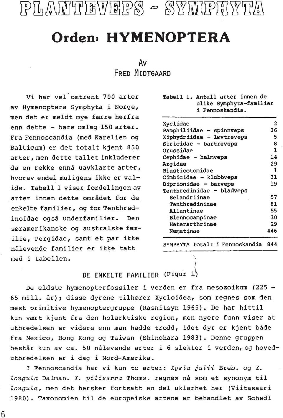 Tabell 1 viser fordelingen av arter innen dette omrddet for de enkelte familier, og for Tenthred- inoidae ogsd underfamilier.