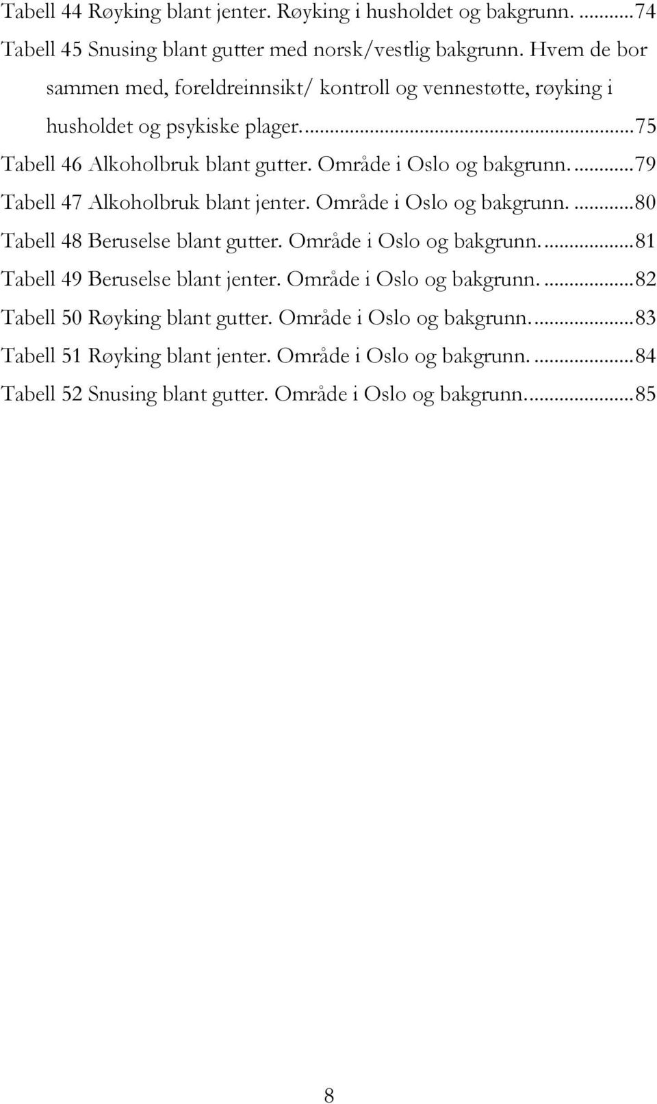 ..79 Tabell 47 Alkoholbruk blant jenter. Område i Oslo og bakgrunn....80 Tabell 48 Beruselse blant gutter. Område i Oslo og bakgrunn...81 Tabell 49 Beruselse blant jenter.