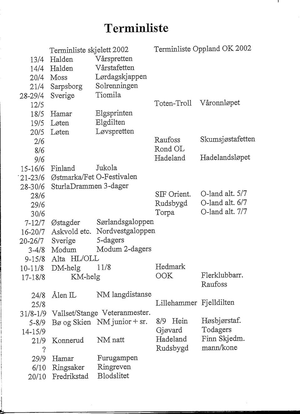 0stmarka/Fet 0-Festivalen 28-30/6 SturlaDrammen 3-dager 28/6 SEP Orient. 0-land alt. 5/7 29/6 Rudsbygd 0-land alt. 6/7 30/6 Torpa 0-land alt. 7/7 7-12/7 0stagder S0rlandsgaloppen 16-20/7 Askvold etc.