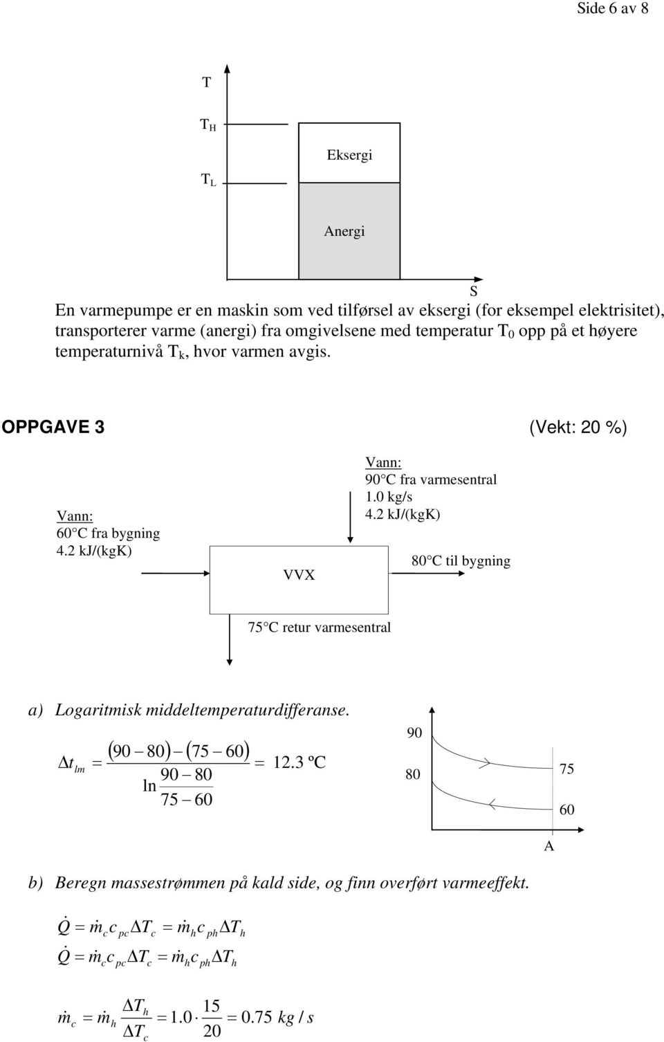 kj/(kgk) VVX Vann: 90 C fa vamesental.0 kg/s 4. kj/(kgk) 80 C til bygning 75 C etu vamesental a) Logaitmisk middeltempeatudiffeanse.