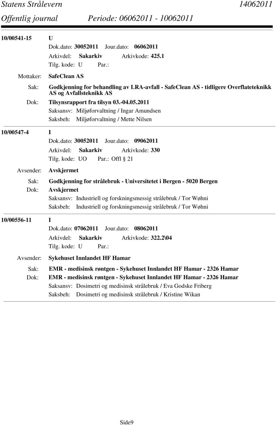 2011 Saksansv: Miljøforvaltning / Ingar Amundsen Saksbeh: Miljøforvaltning / Mette Nilsen 10/00547-4 I Dok.dato: 30052011 Jour.dato: 09062011 Arkivdel: Sakarkiv Arkivkode: 330 Tilg. kode: UO Par.