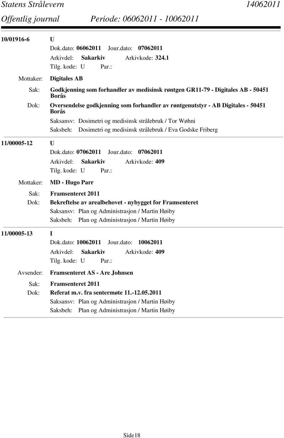 Dosimetri og medisinsk strålebruk / Tor Wøhni Saksbeh: Dosimetri og medisinsk strålebruk / Eva Godske Friberg 11/00005-12 U Dok.dato: 07062011 Jour.