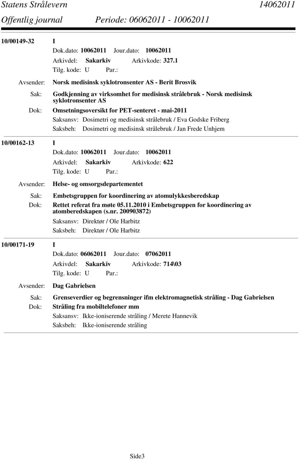 Dosimetri og medisinsk strålebruk / Eva Godske Friberg Saksbeh: Dosimetri og medisinsk strålebruk / Jan Frede Unhjem 10/00162-13 I Dok.dato: 10062011 Jour.