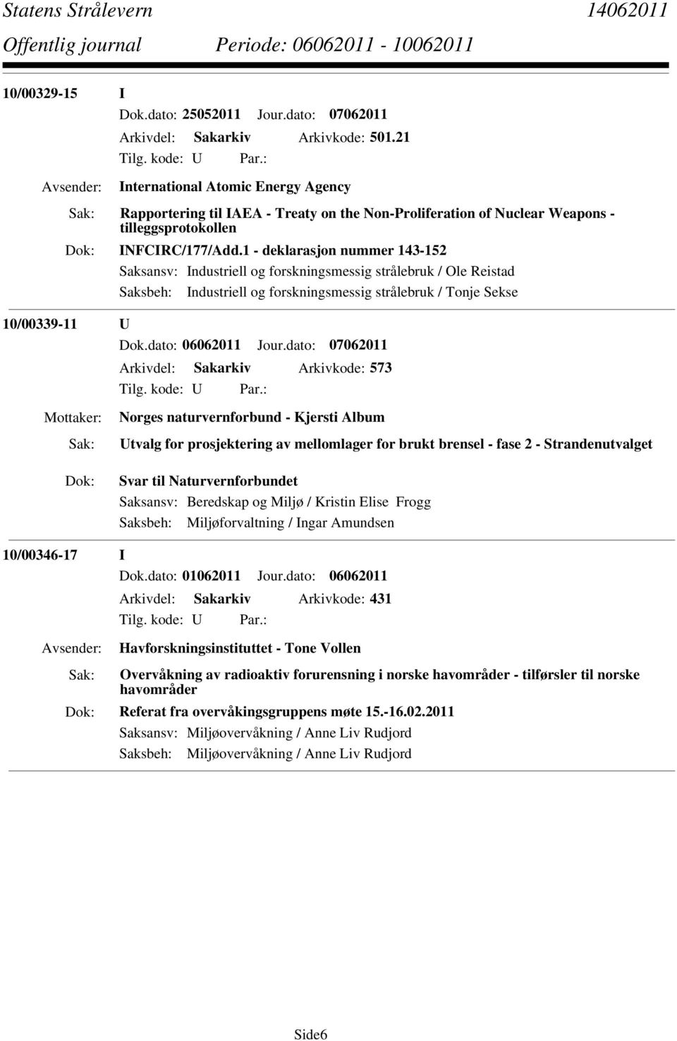 1 - deklarasjon nummer 143-152 Saksansv: Industriell og forskningsmessig strålebruk / Ole Reistad Saksbeh: Industriell og forskningsmessig strålebruk / Tonje Sekse 10/00339-11 U Dok.