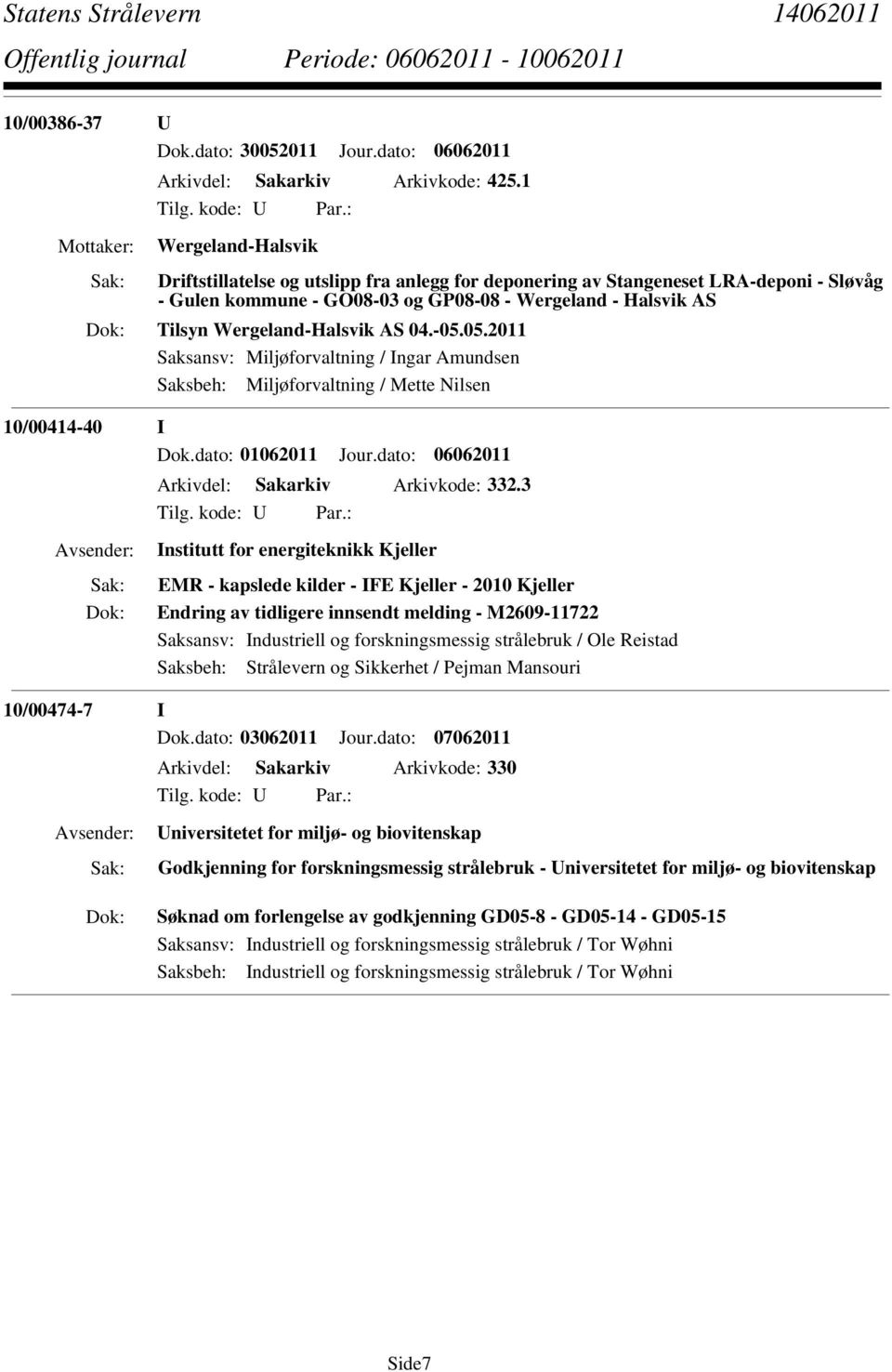 04.-05.05.2011 Saksansv: Miljøforvaltning / Ingar Amundsen Saksbeh: Miljøforvaltning / Mette Nilsen 10/00414-40 I Dok.dato: 01062011 Jour.dato: 06062011 Arkivdel: Sakarkiv Arkivkode: 332.