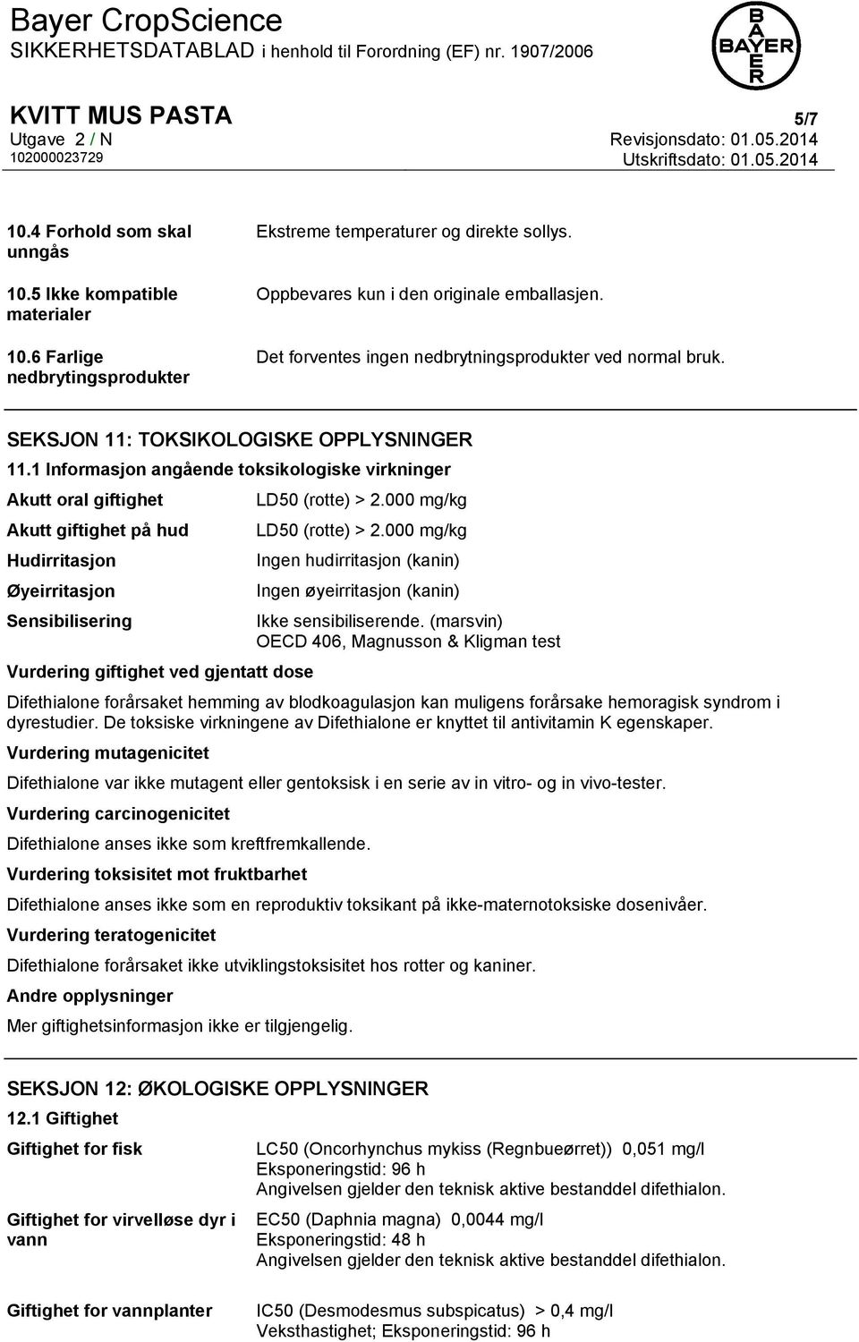 000 mg/kg Akutt giftighet på hud Hudirritasjon Øyeirritasjon Sensibilisering Vurdering giftighet ved gjentatt dose LD50 (rotte) > 2.