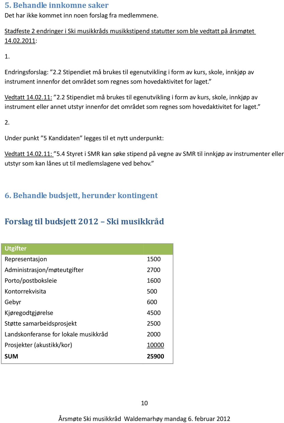 2 Stipendiet må brukes til egenutvikling i form av kurs, skole, innkjøp av instrument eller annet utstyr innenfor det området som regnes som hovedaktivitet for laget. 2.