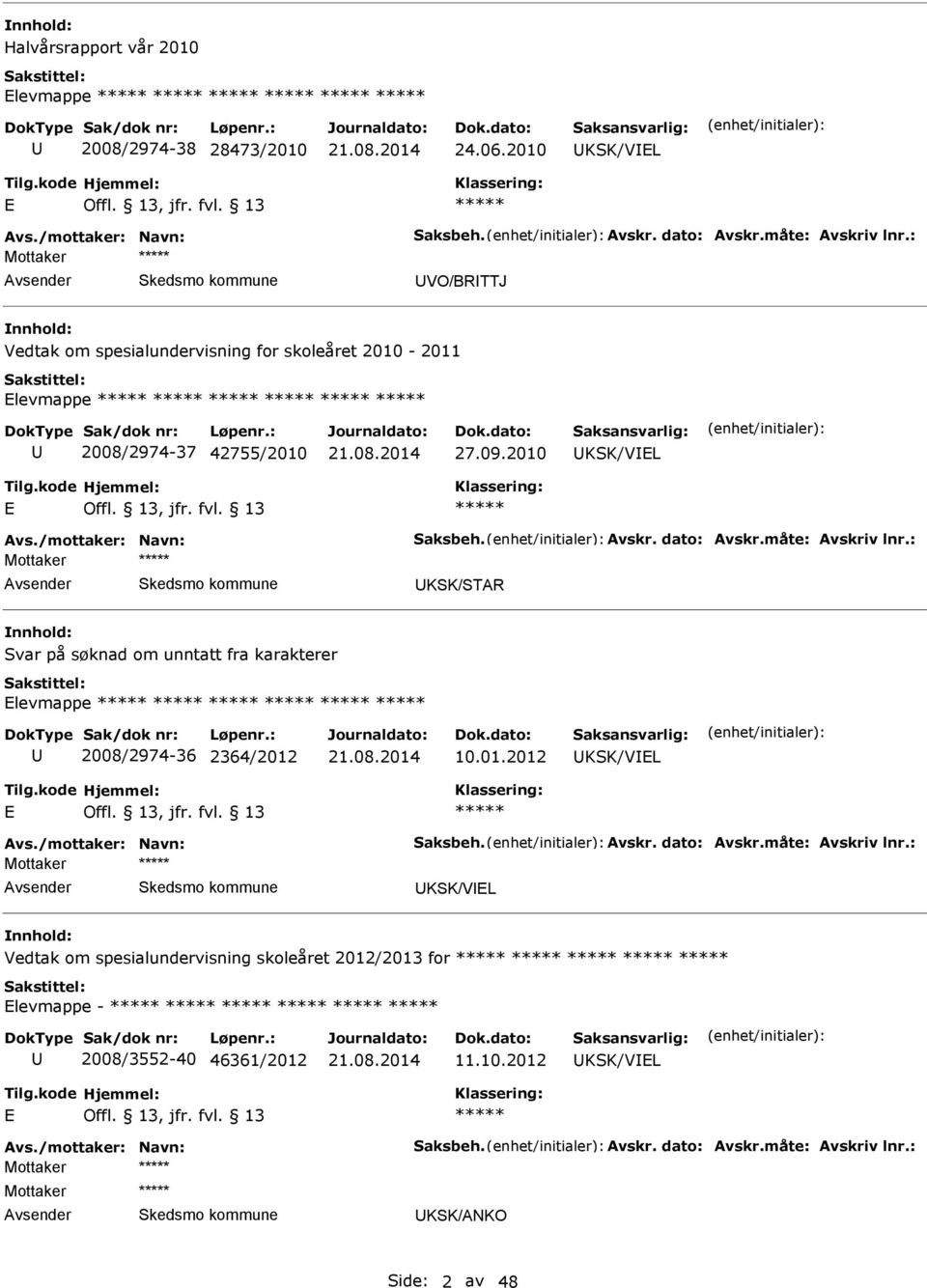 måte: Avskriv lnr.: Mottaker KSK/STAR Svar på søknad om unntatt fra karakterer levmappe 2008/2974-36 2364/2012 10.01.2012 KSK/VL Avs./mottaker: Navn: Saksbeh. Avskr. dato: Avskr.