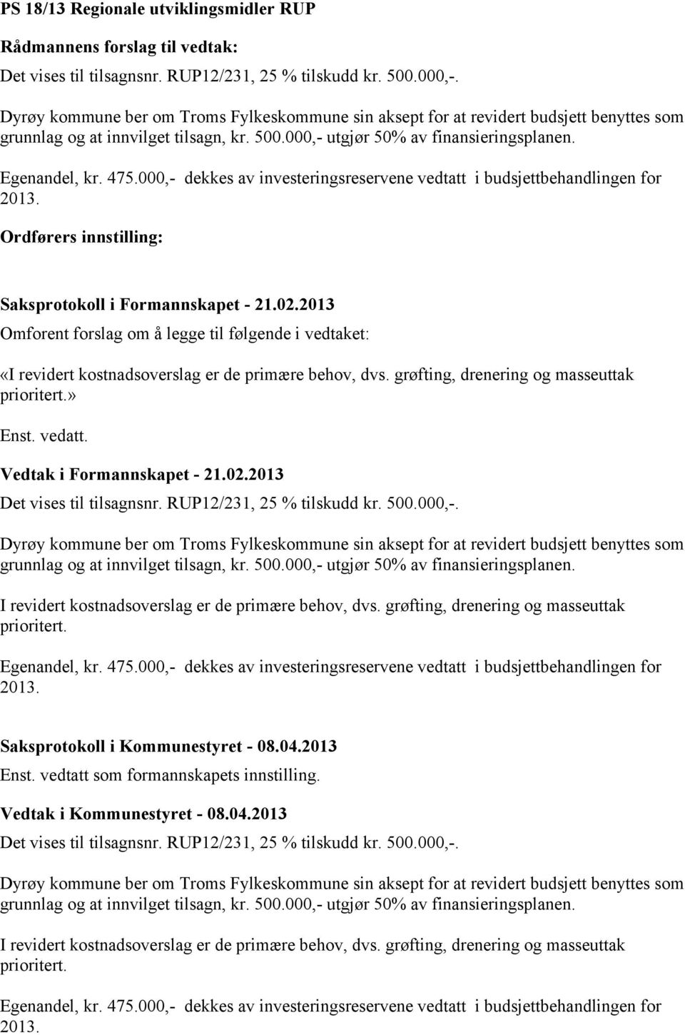 000,- dekkes av investeringsreservene vedtatt i budsjettbehandlingen for 2013. Ordførers innstilling: Saksprotokoll i Formannskapet - 21.02.