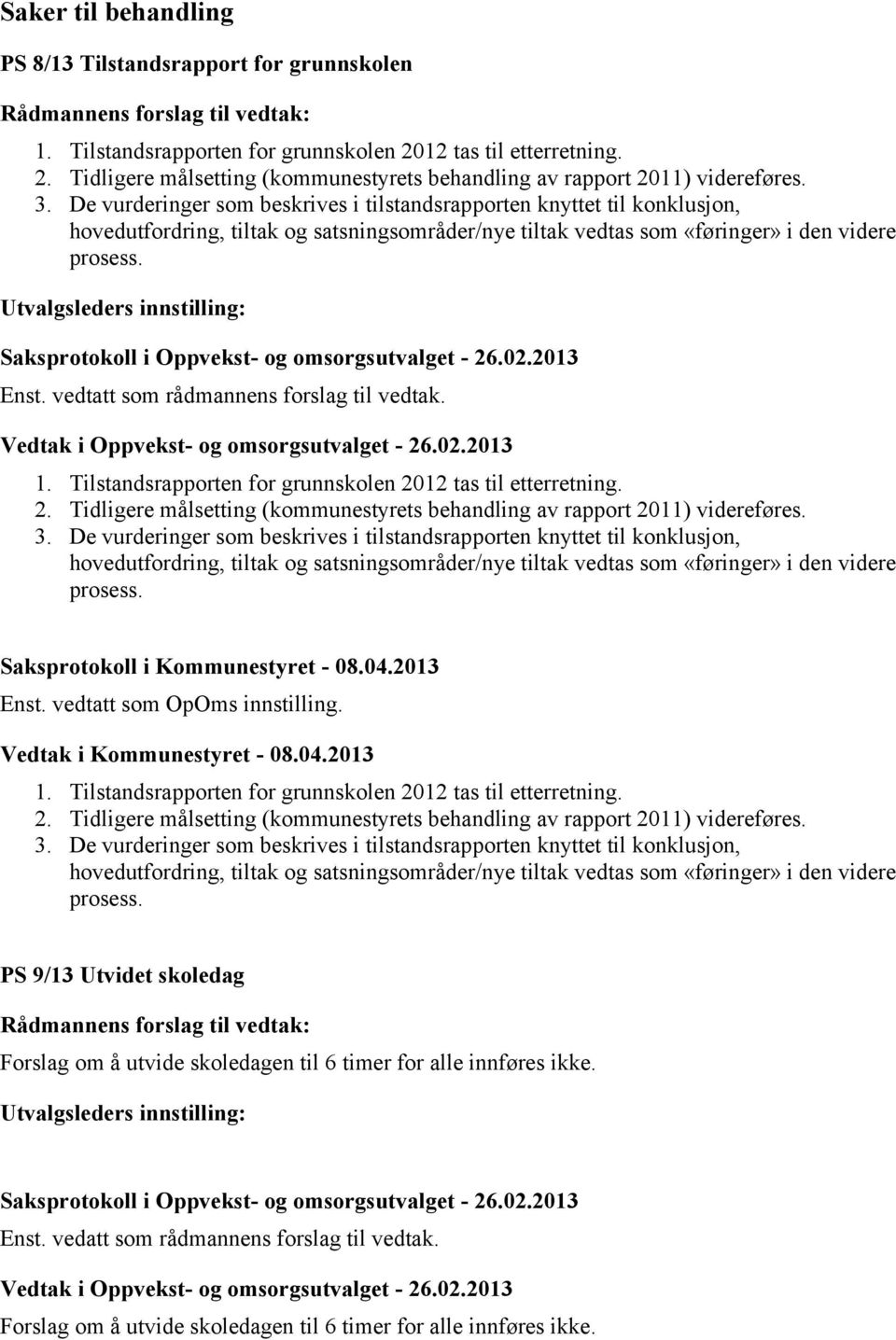 Utvalgsleders innstilling: Saksprotokoll i Oppvekst- og omsorgsutvalget - 26.02.2013 Enst. vedtatt som rådmannens forslag til vedtak. Vedtak i Oppvekst- og omsorgsutvalget - 26.02.2013 1.