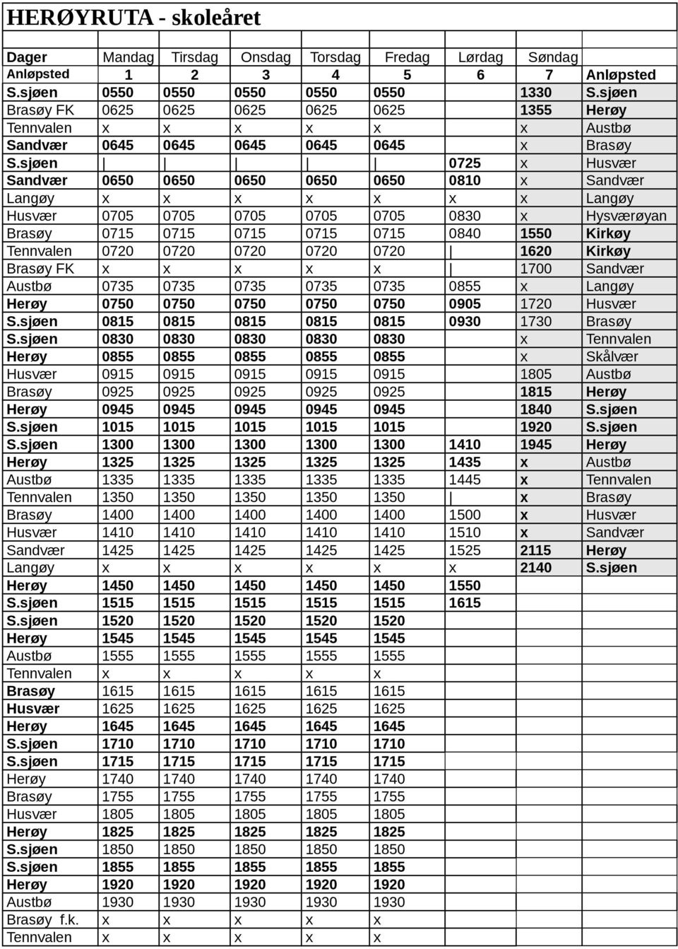 sjøen 0725 x Husvær Sandvær 0650 0650 0650 0650 0650 0810 x Sandvær Langøy x x x x x x x Langøy Husvær 0705 0705 0705 0705 0705 0830 x Hysværøyan Brasøy 0715 0715 0715 0715 0715 0840 1550 Kirkøy