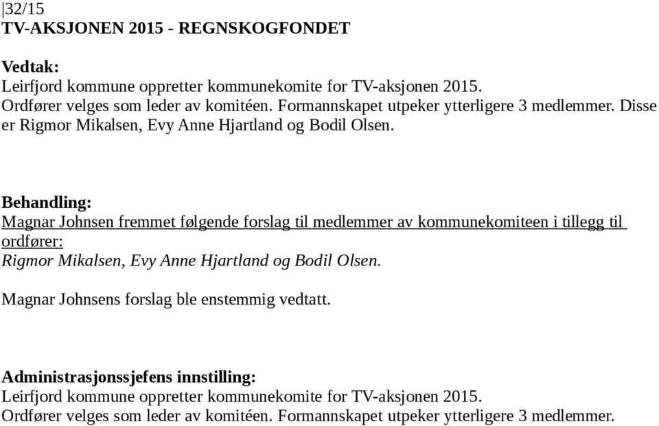Magnar Johnsen fremmet følgende forslag til medlemmer av kommunekomiteen i tillegg til ordfører: Rigmor Mikalsen, Evy Anne Hjartland og Bodil Olsen.