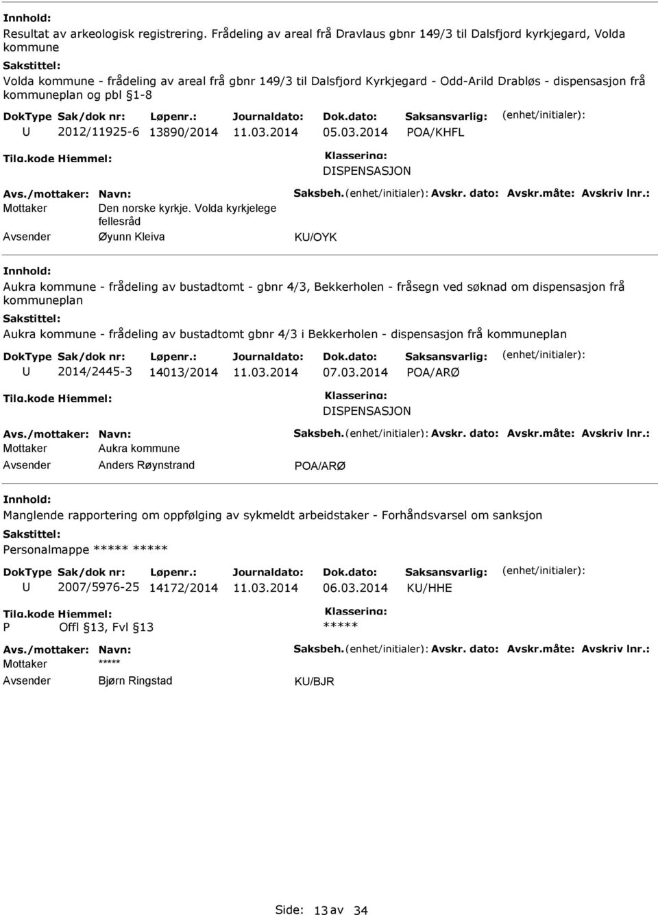 kommuneplan og pbl 1-8 2012/11925-6 13890/2014 05.03.2014 POA/KHFL DSPENSASJON Avs./mottaker: Navn: Saksbeh. Avskr. dato: Avskr.måte: Avskriv lnr.: Mottaker Den norske kyrkje.