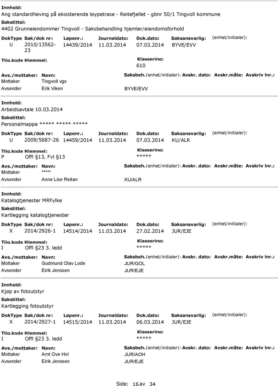 2014 Personalmappe 2009/5687-26 14459/2014 K/ALR P Avs./mottaker: Navn: Saksbeh. Avskr. dato: Avskr.måte: Avskriv lnr.