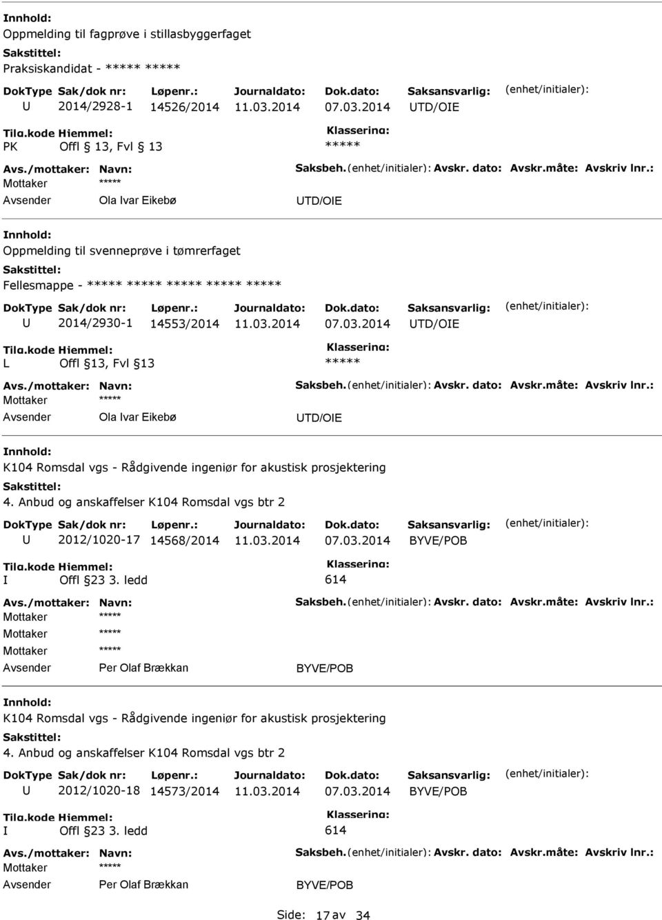 : Mottaker Ola var Eikebø TD/OE K104 Romsdal vgs - Rådgivende ingeniør for akustisk prosjektering 4. Anbud og anskaffelser K104 Romsdal vgs btr 2 2012/1020-17 14568/2014 BYVE/POB Offl 23 3.